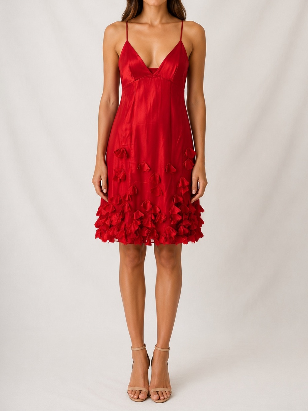 Rebecca Taylor Red Silk Slip Dress with Floral Appliqué